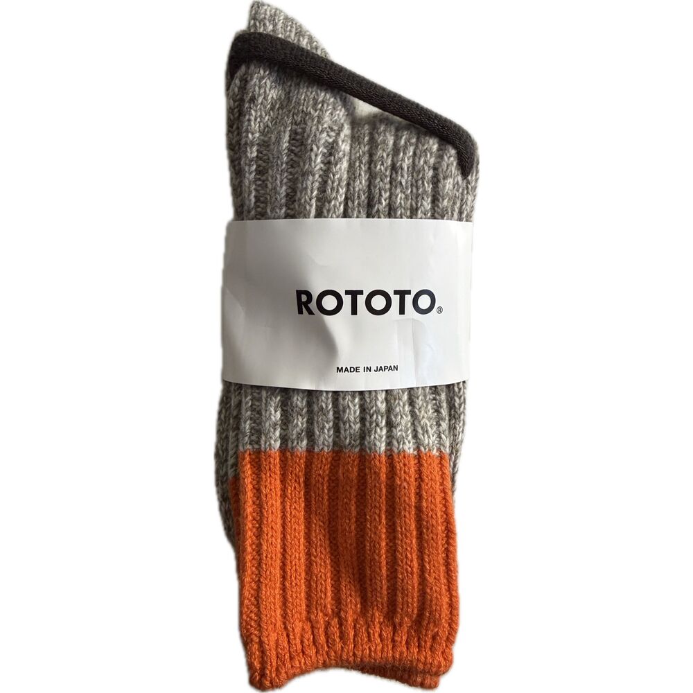 ROTOTO Ragg Crew Socks Gray Orange Merino Wool Made Japan Unisex Size L 27-29 cm